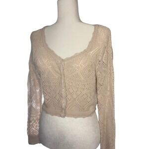 Freshman 1996 Beige Pointelle Knit Cropped Cardigan Sweater Button Front Large